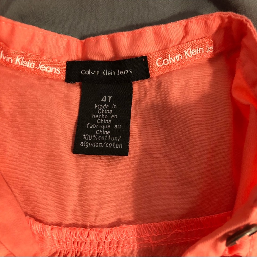 Girls 4T Coral Salmon Calvin Klein Jeans Button Ruffle Cotton Summer Dress - Picture 6 of 7